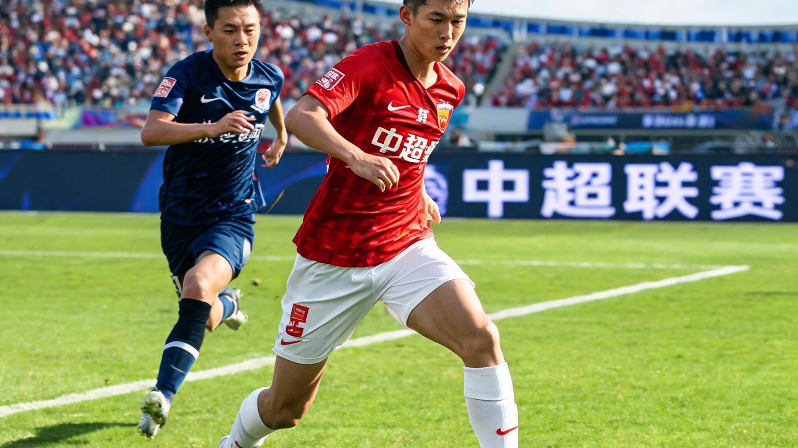 中超联赛中一名本土年轻球员带球突破，身后是防守球员和绿茵场