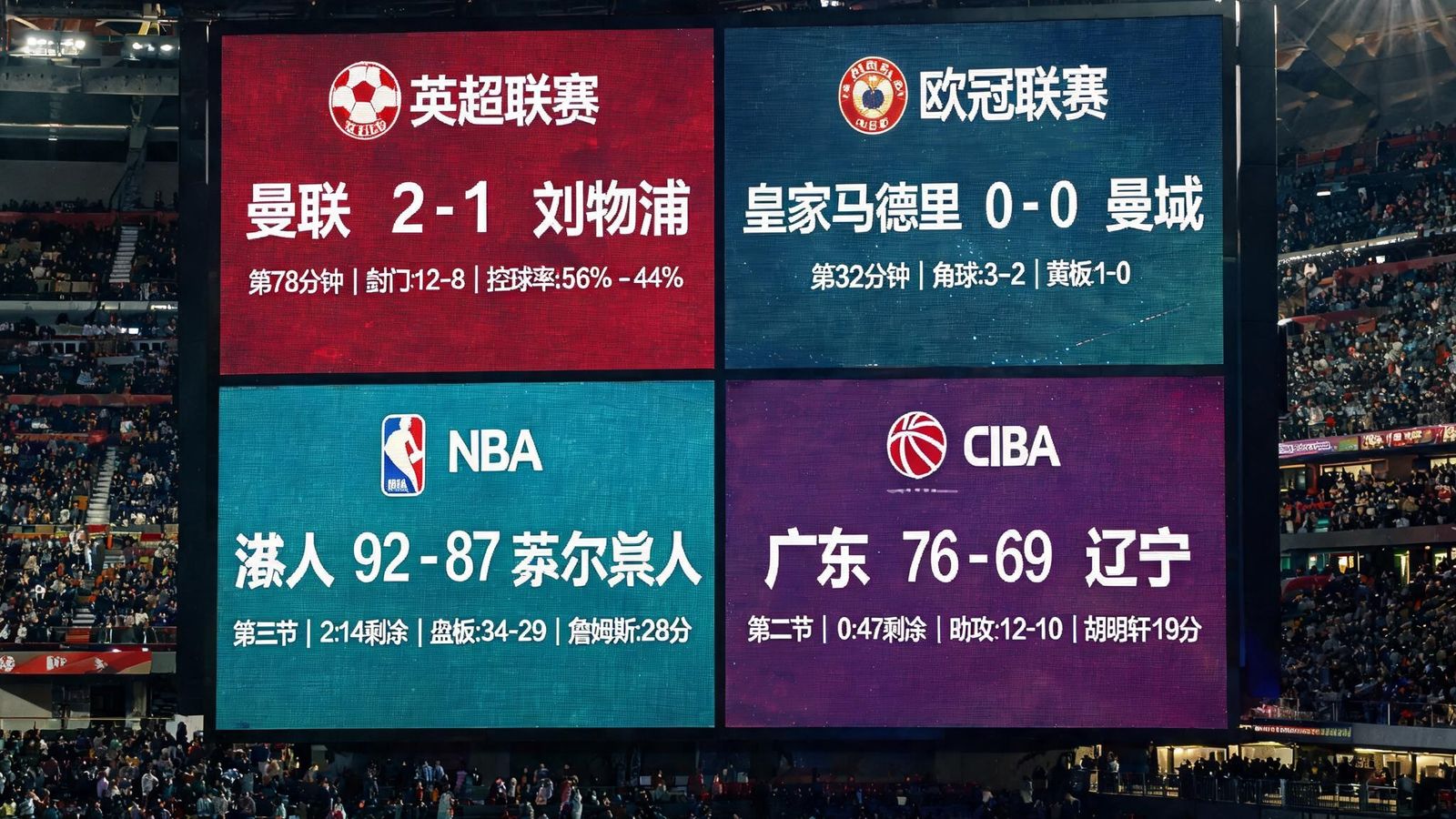 一块巨大的电子屏幕显示着多场足球和篮球比赛的实时比分与数据统计，背景是体育场看台